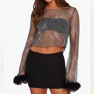 Geogenry Women's Pearl Rhinestone Mesh Fishnet Feather Long T-Shirt Crop Top